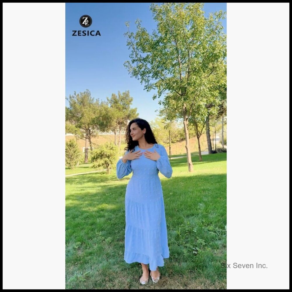 Long Sleeve Maxi Dress Swiss Dot Tiered Flowy A Line Wedding Cocktail Party - Picture 7 of 7